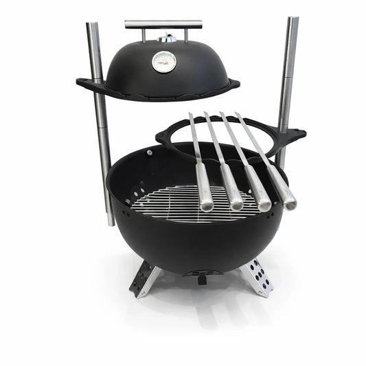 Black portable grill with metal skewers on a white background