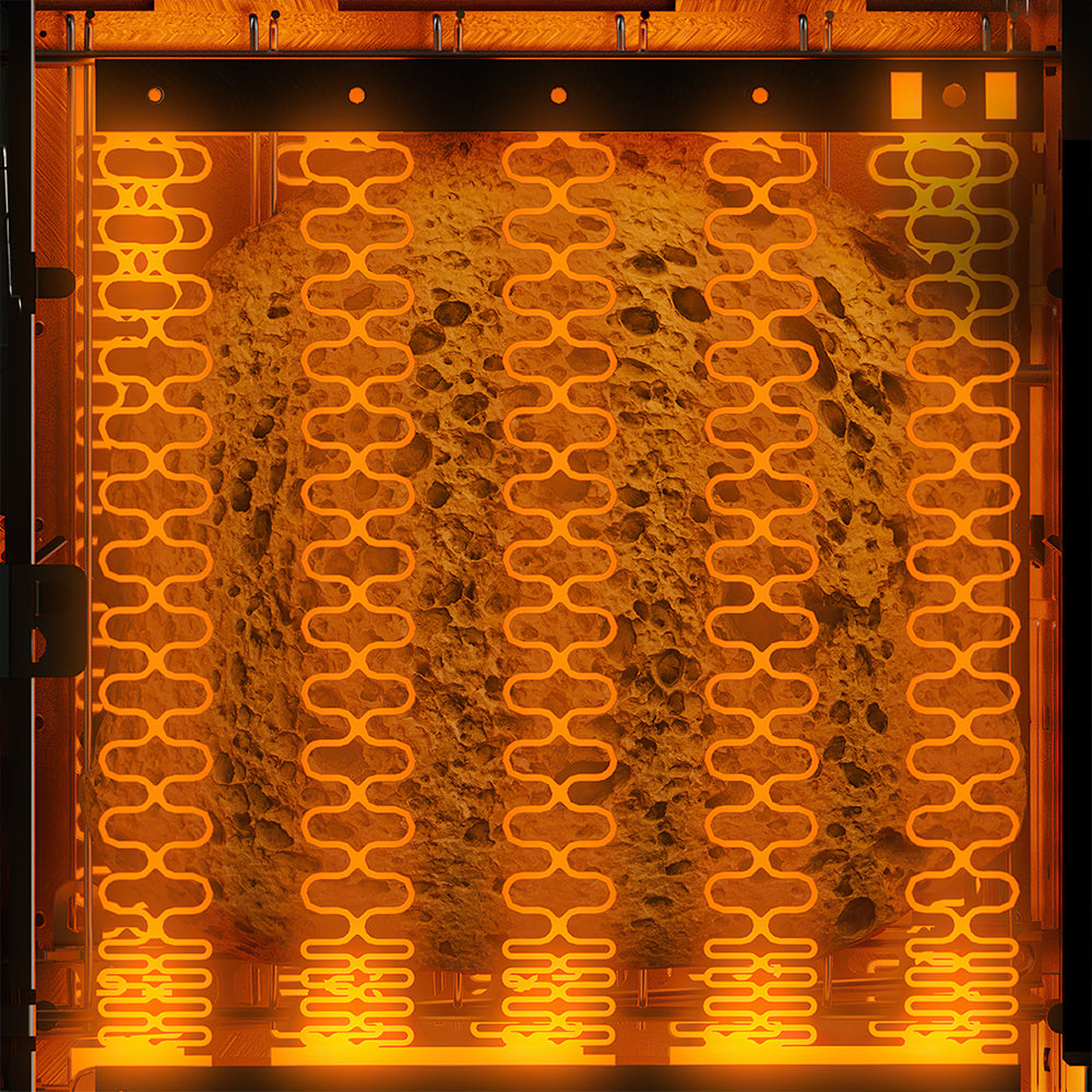 Heated stone surface with wavy heating elements in a warm orange glow