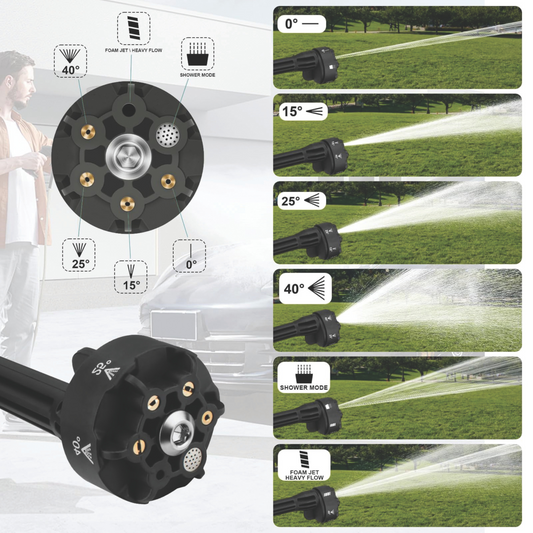 A Zippi Hydro Cleaner Deluxe with a black color scheme, including a gun handle, hose, nozzles, a carrying case, and other accessories.