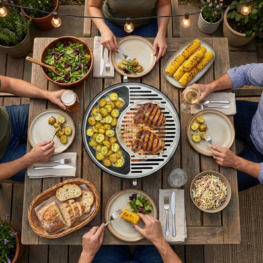 Portable grill with food being cooked on a wooden table outdoors