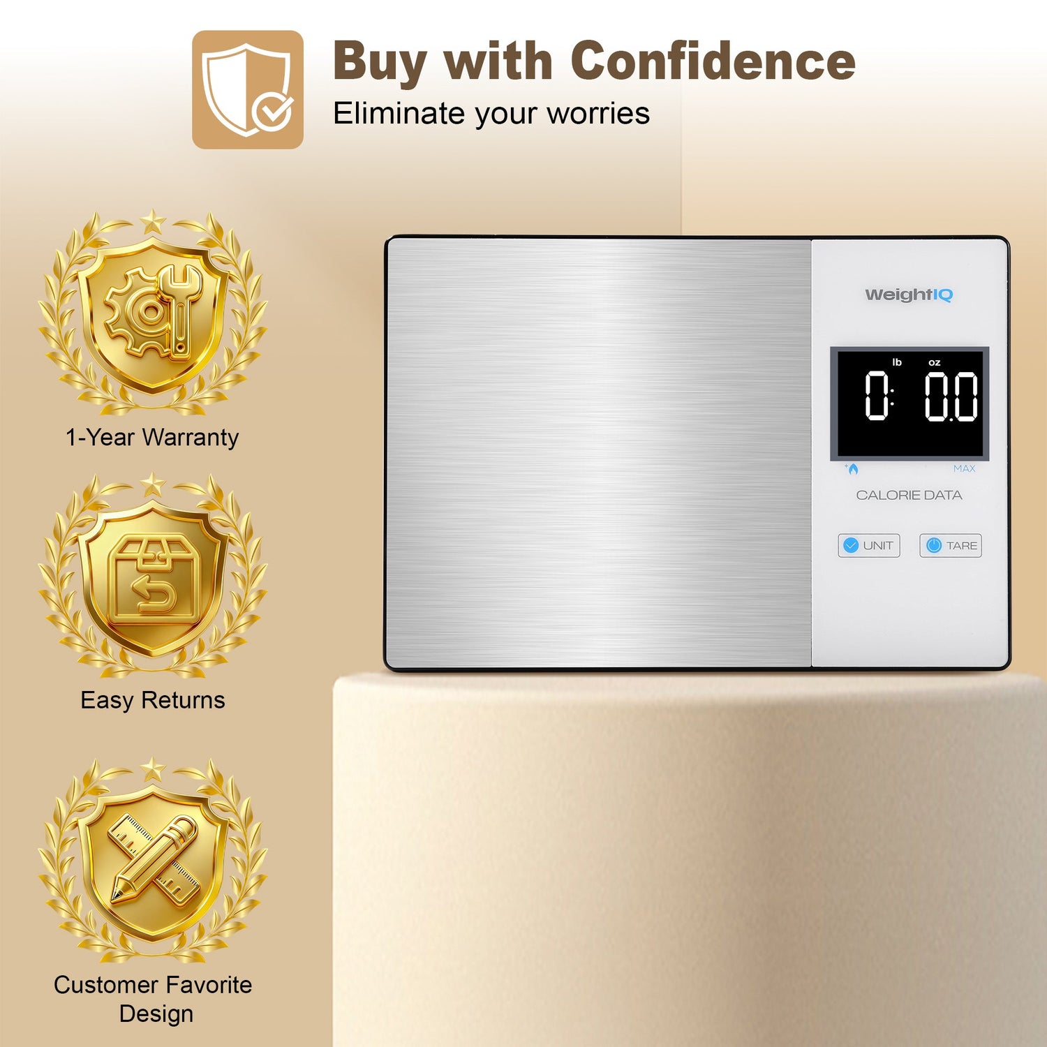 Digital bathroom scale with warranty, returns, and design features on a beige background