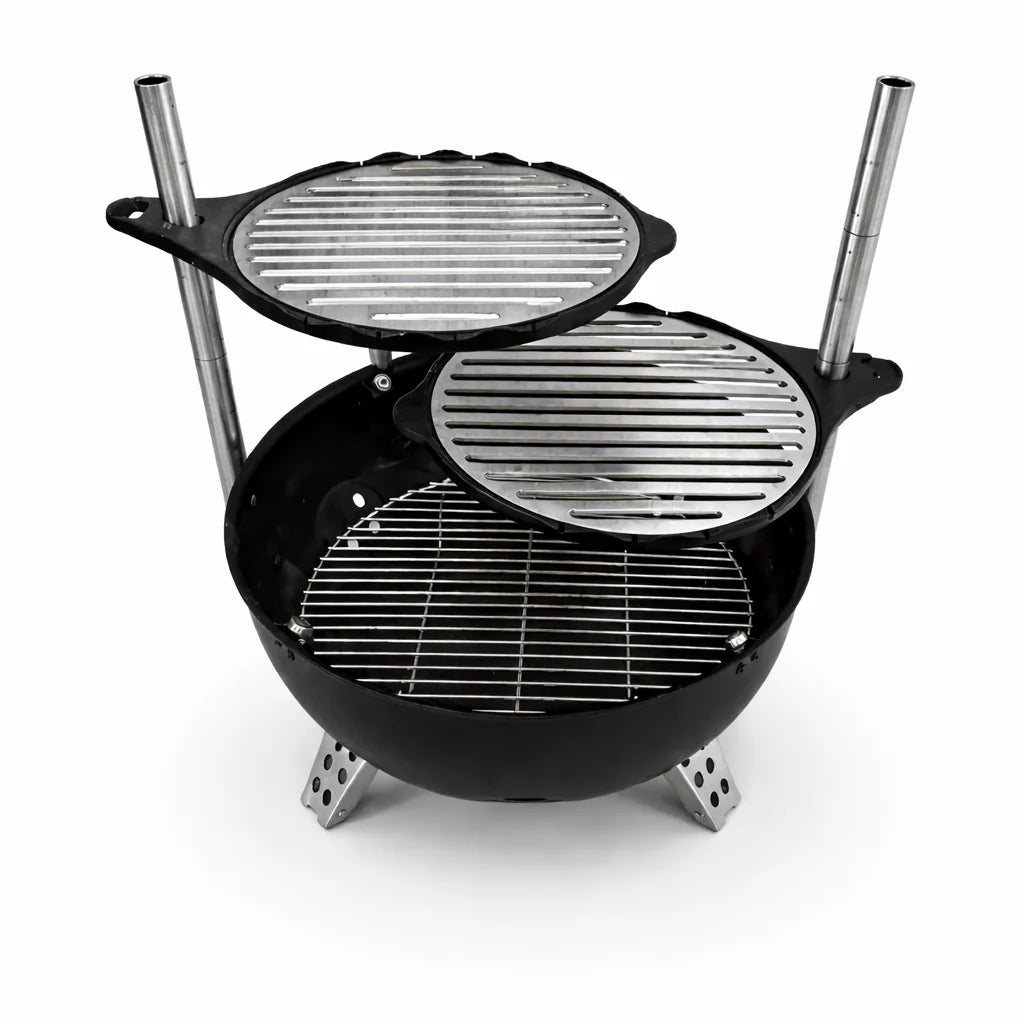Black portable grill with multiple levels on a white background