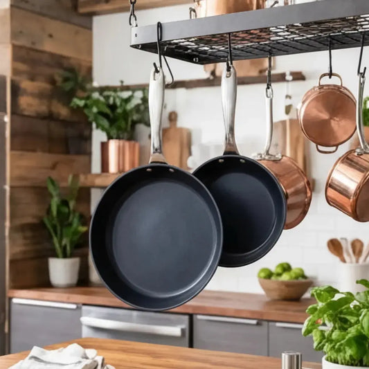 Set of black cookware with silver lids on a white background