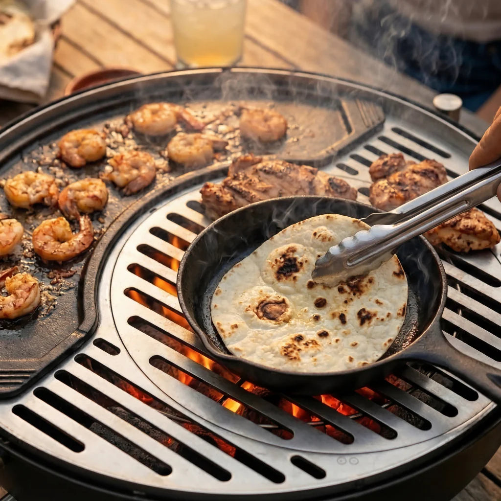 Grilled food on a barbecue with a tortilla being flipped in a pan.