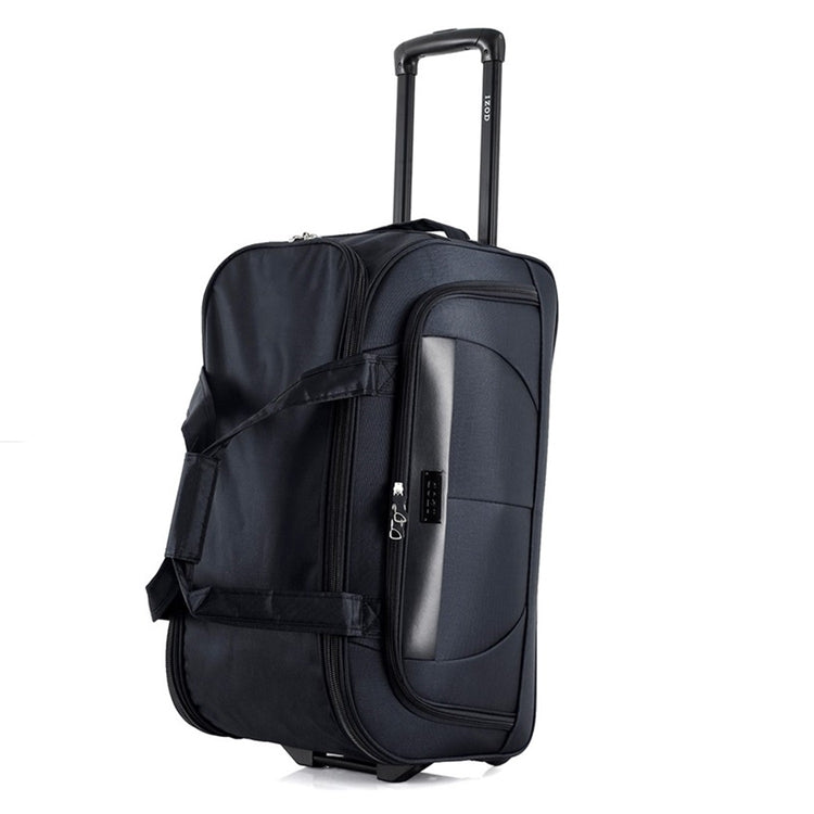 Black suitcase with wheels on a white background