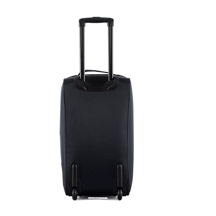 Black suitcase with wheels on a white background