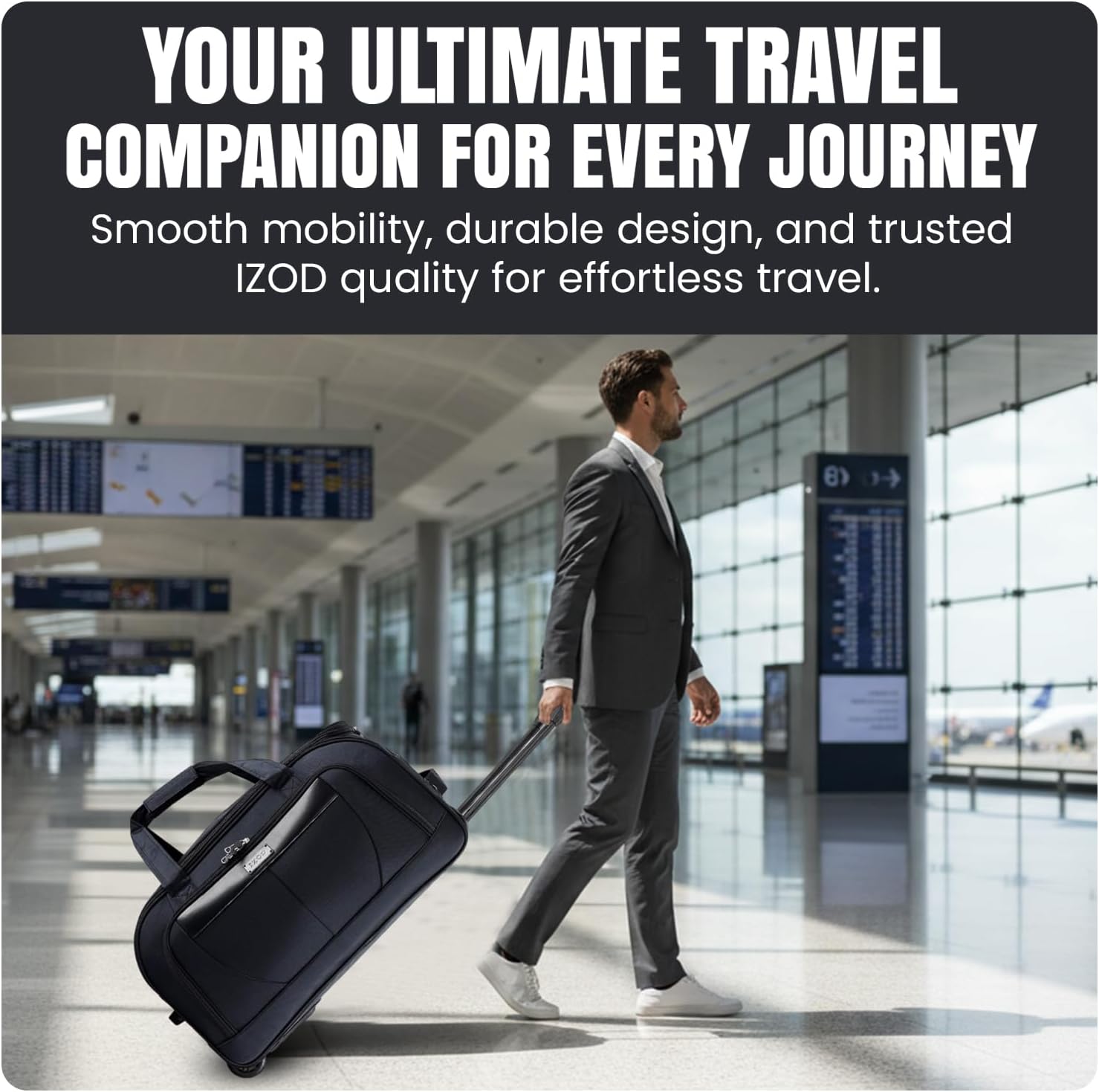 Man in a suit pulling a suitcase through an airport with promotional text about travel companion.