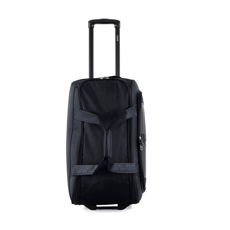 Black rolling duffel bag on a white background