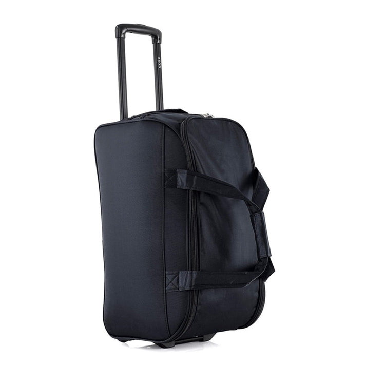 Black rolling suitcase on a white background