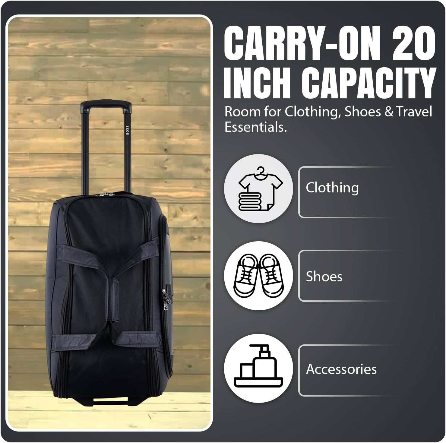Black carry-on suitcase with capacity details on a wooden floor background