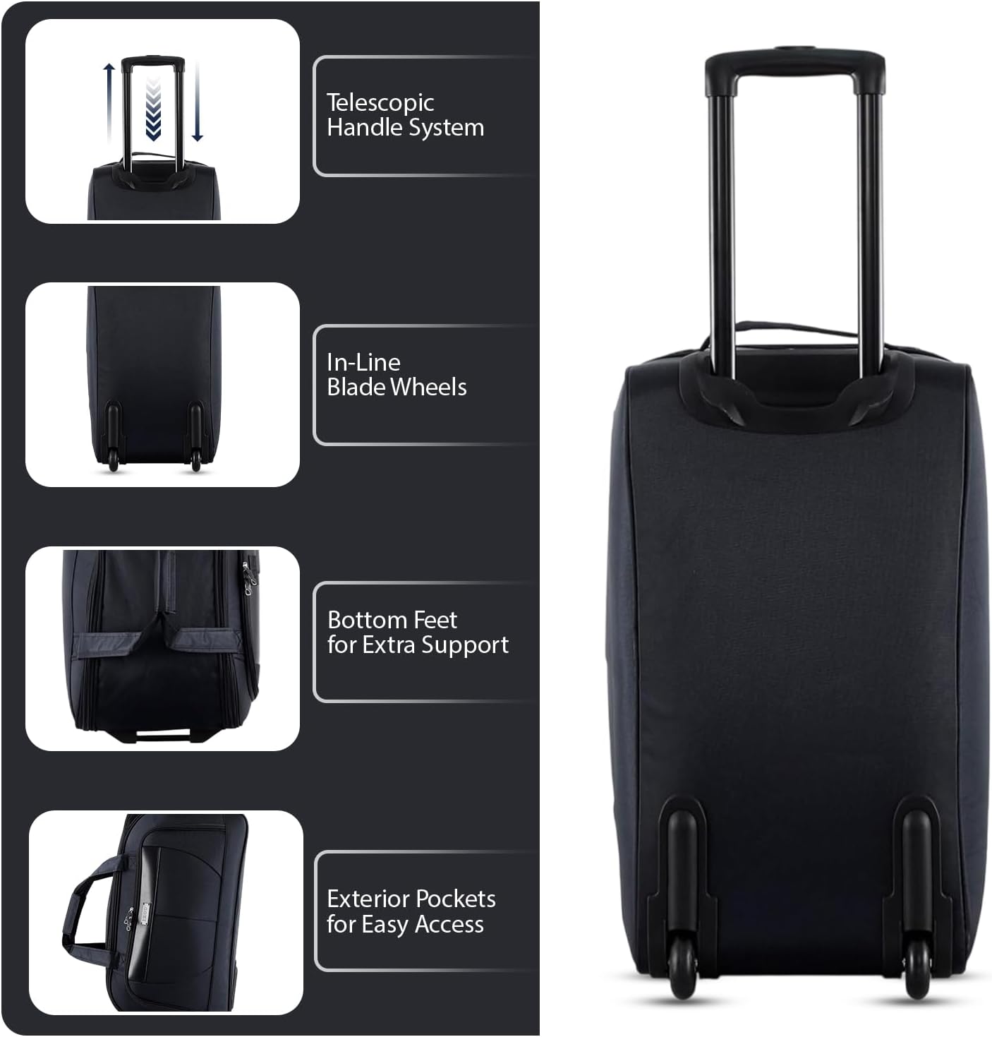 Black suitcase with features highlighted on a gray background