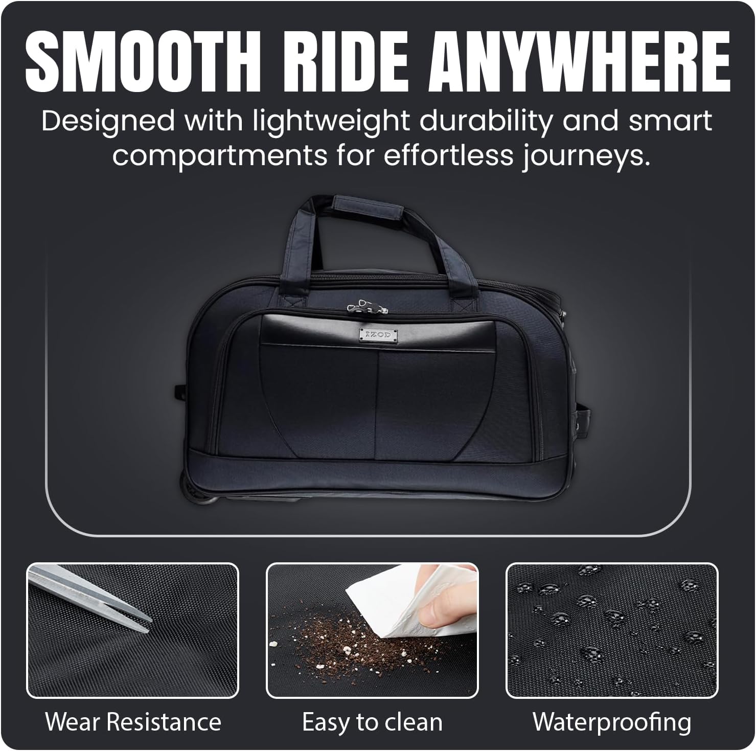 Black travel bag with features highlighted on a dark background