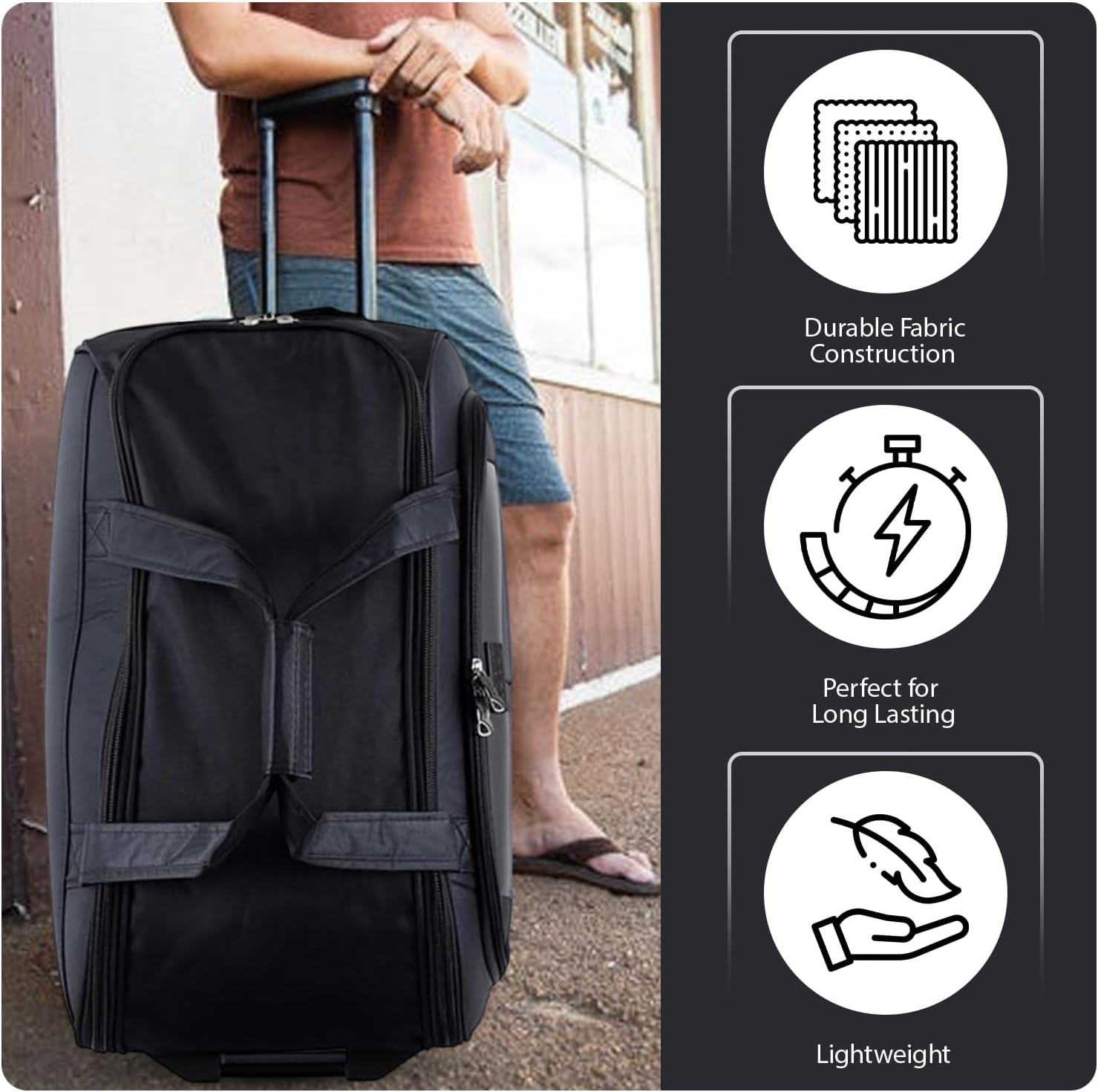 Person holding a black suitcase with durability features displayed on the right.