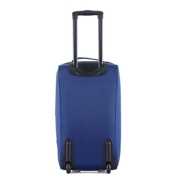 Blue suitcase with black wheels and handle on a white background