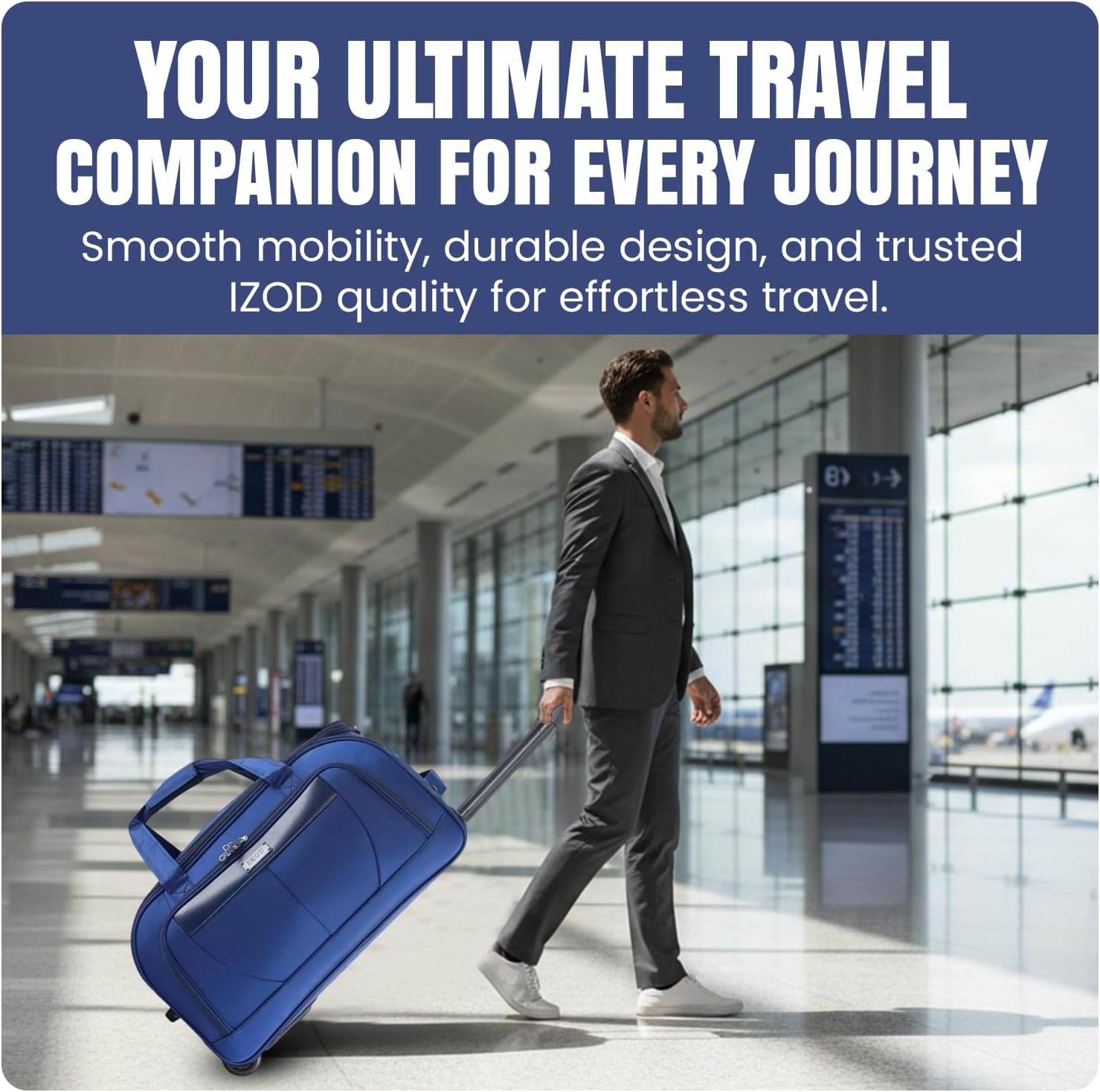 Man in an airport with a blue suitcase, promotional text about travel companion.