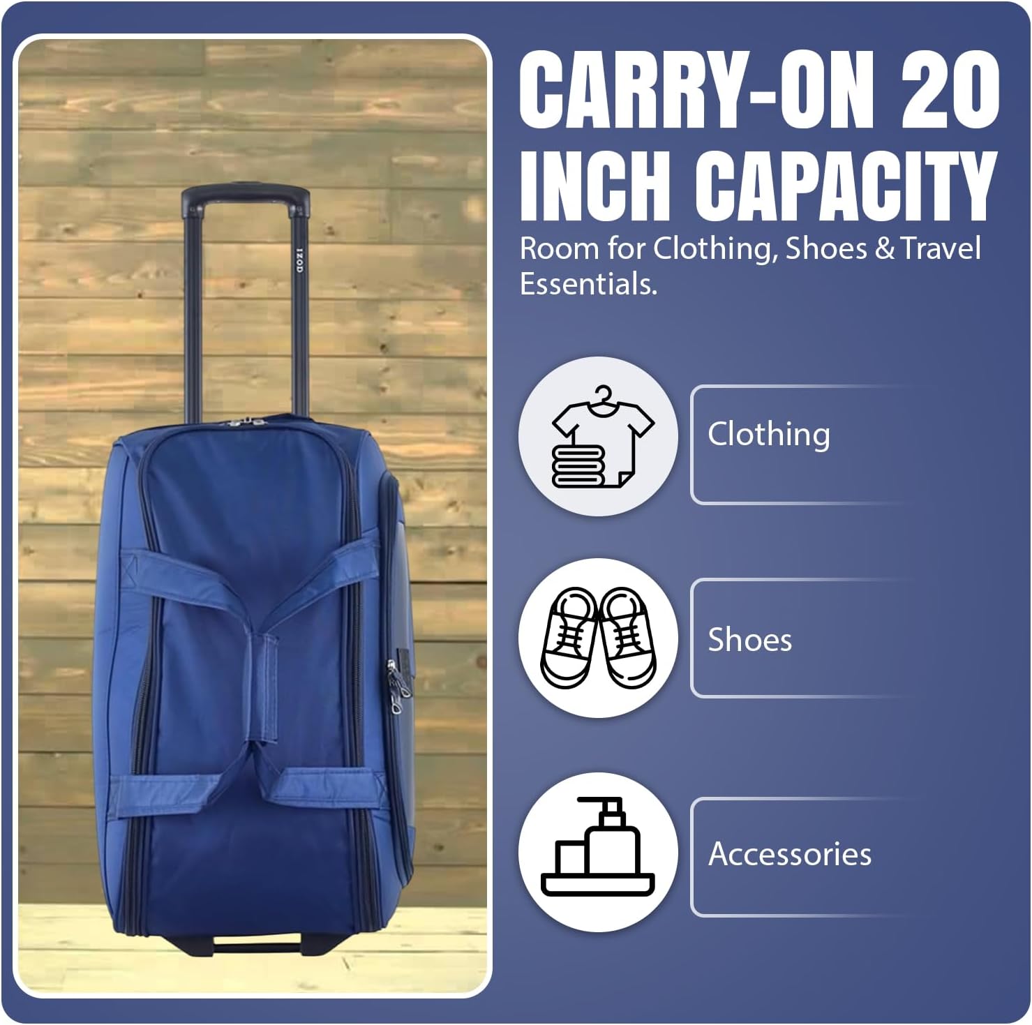 Blue carry-on suitcase with capacity details on a wooden floor background