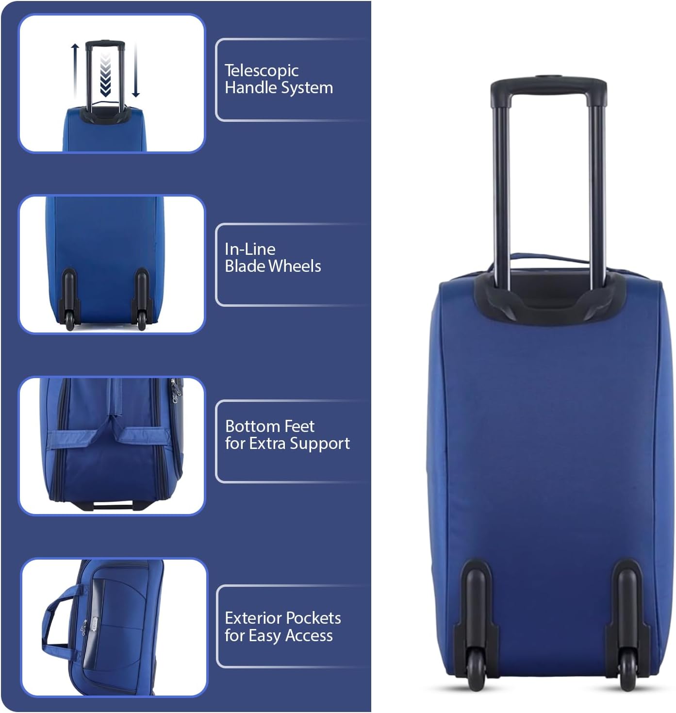 Blue suitcase with features highlighted on a white background