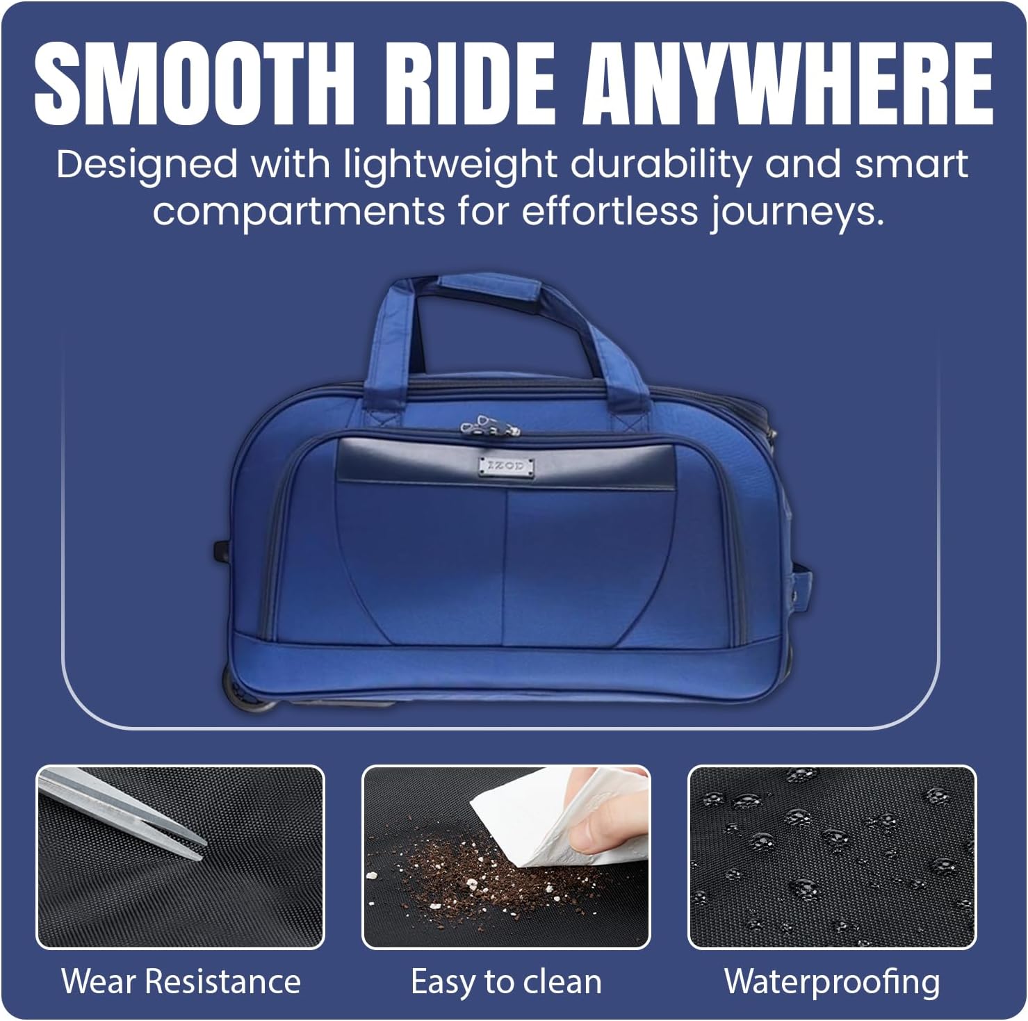 Blue travel bag with features highlighted on a blue background