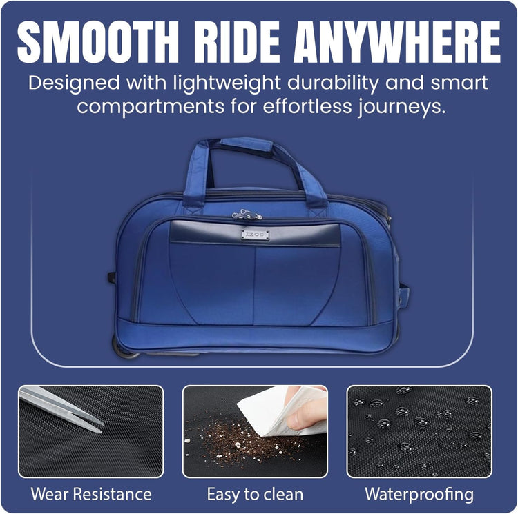 Blue travel bag with features highlighted on a blue background
