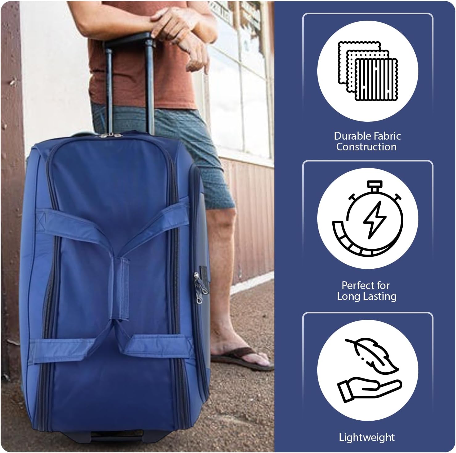 Person pulling a blue suitcase with durability features highlighted on the right
