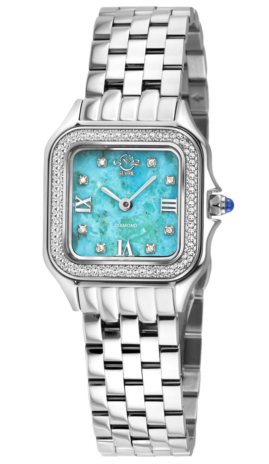 Silver watch with a turquoise face on a white background