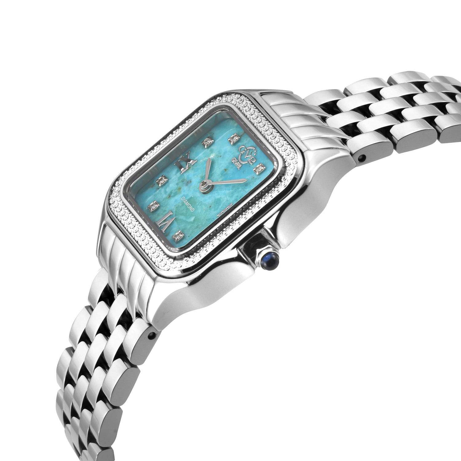 Silver watch with a turquoise face on a white background