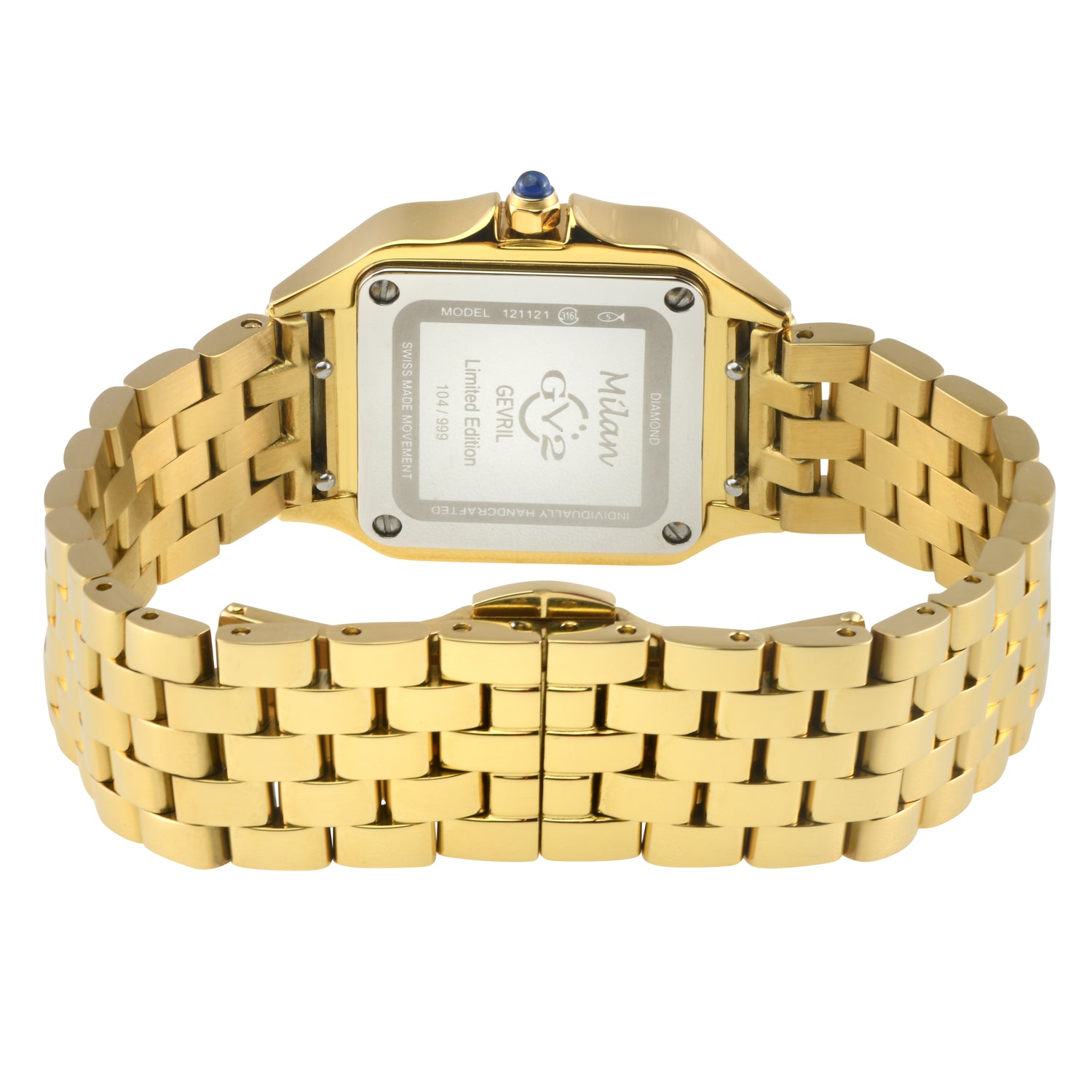 Gold watch with a white face on a white background