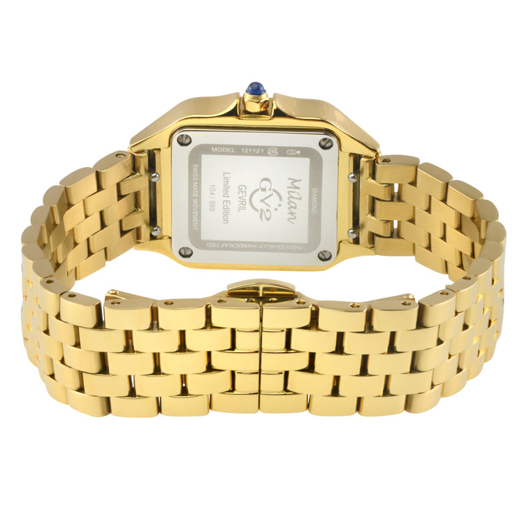Gold watch with a white face on a white background