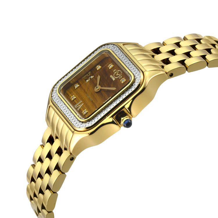 Gold wristwatch with a brown face on a white background