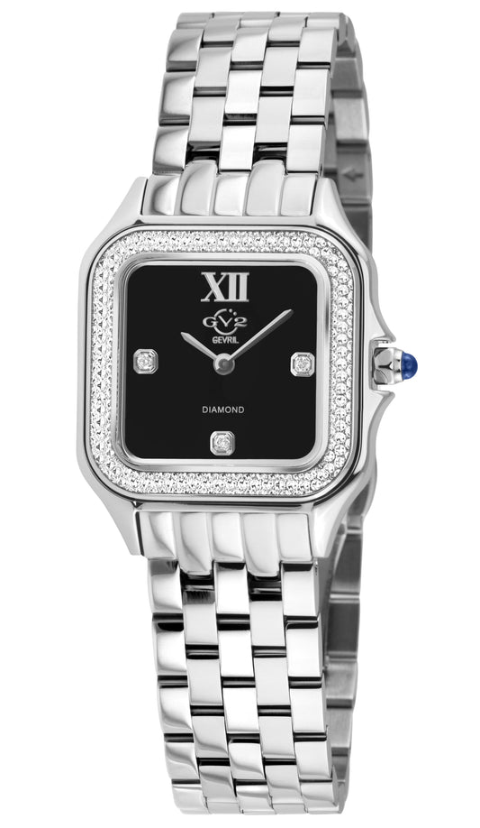 Silver watch with black face and diamond accents on a white background