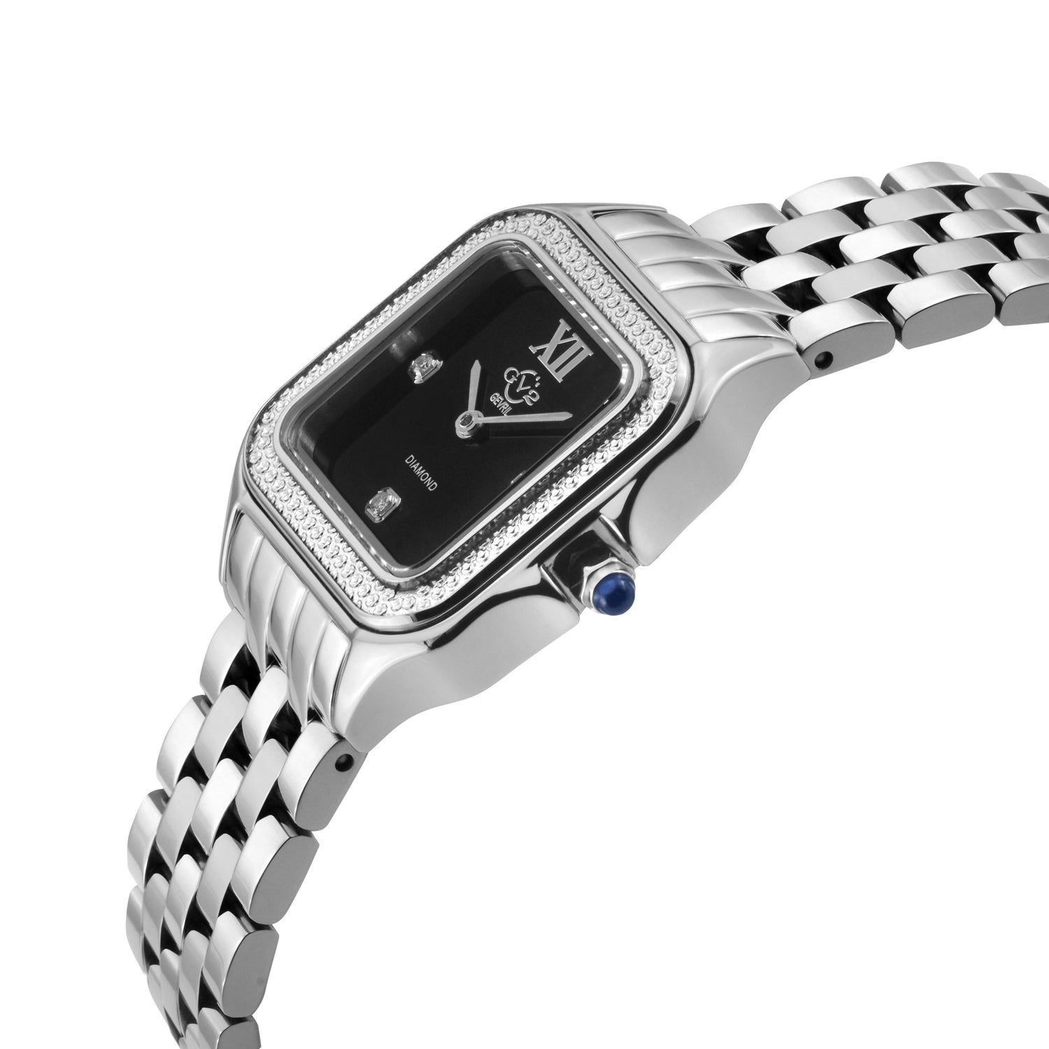 Silver watch with black face and blue gemstone on a white background