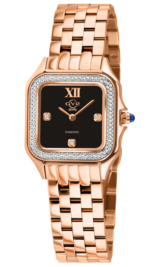 Rose gold watch with diamond-studded face on a white background