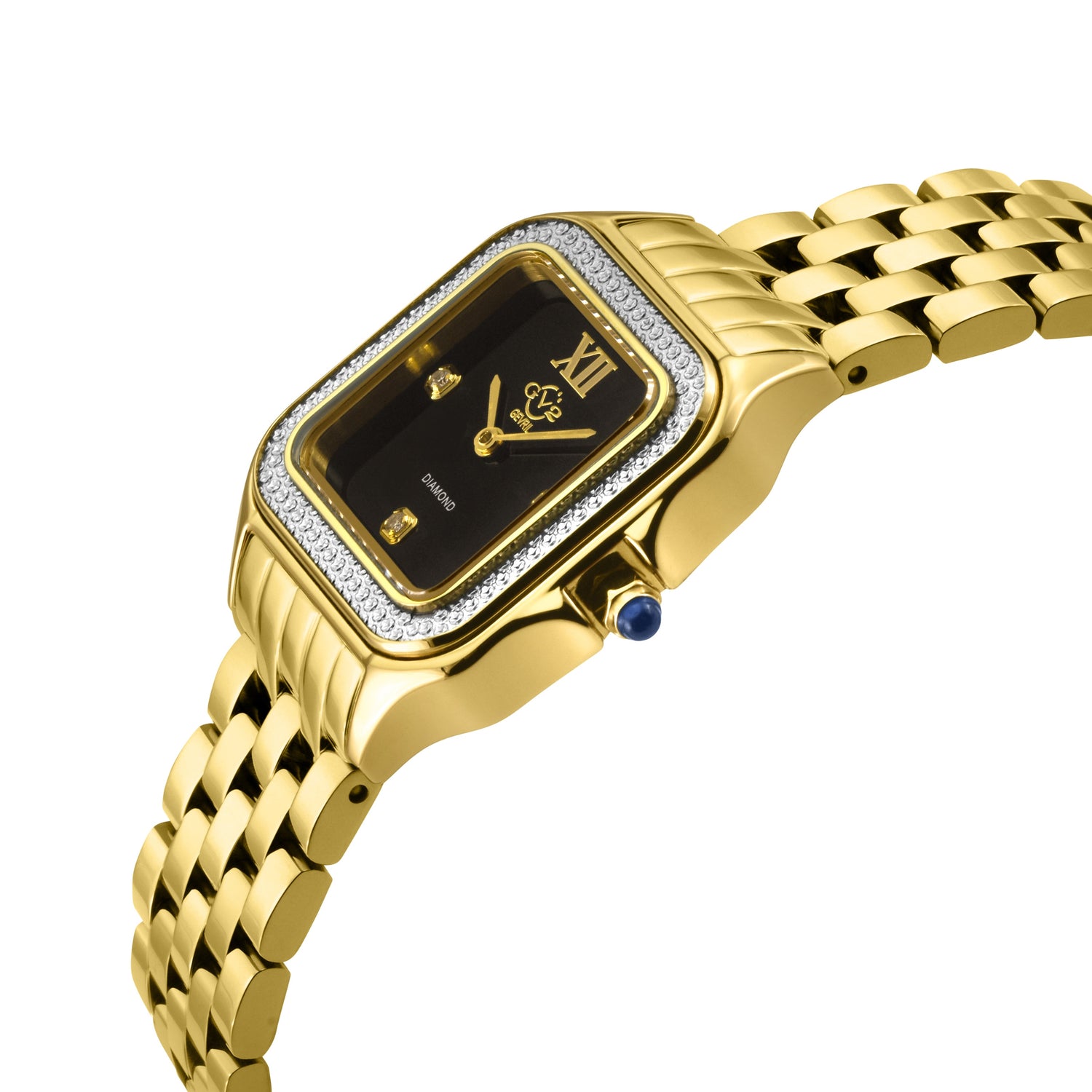 Gold wristwatch with a black face on a white background