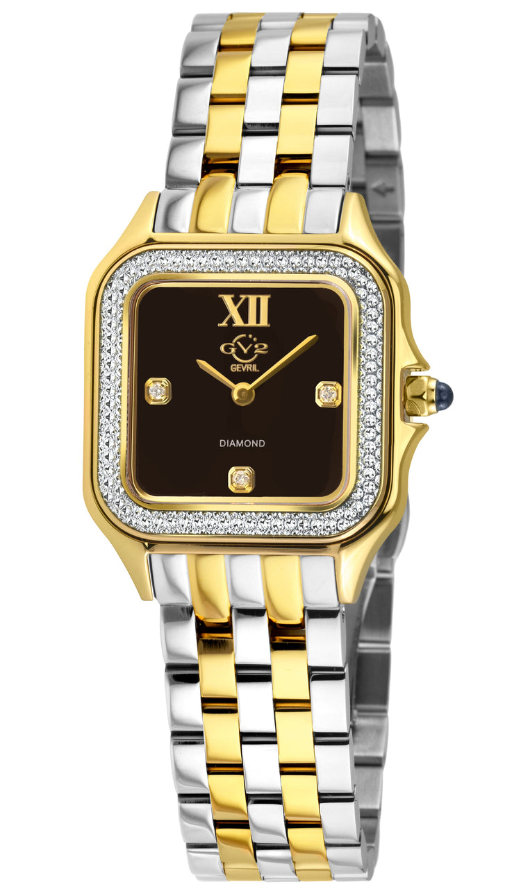 Two-tone gold and silver watch with a black face on a white background