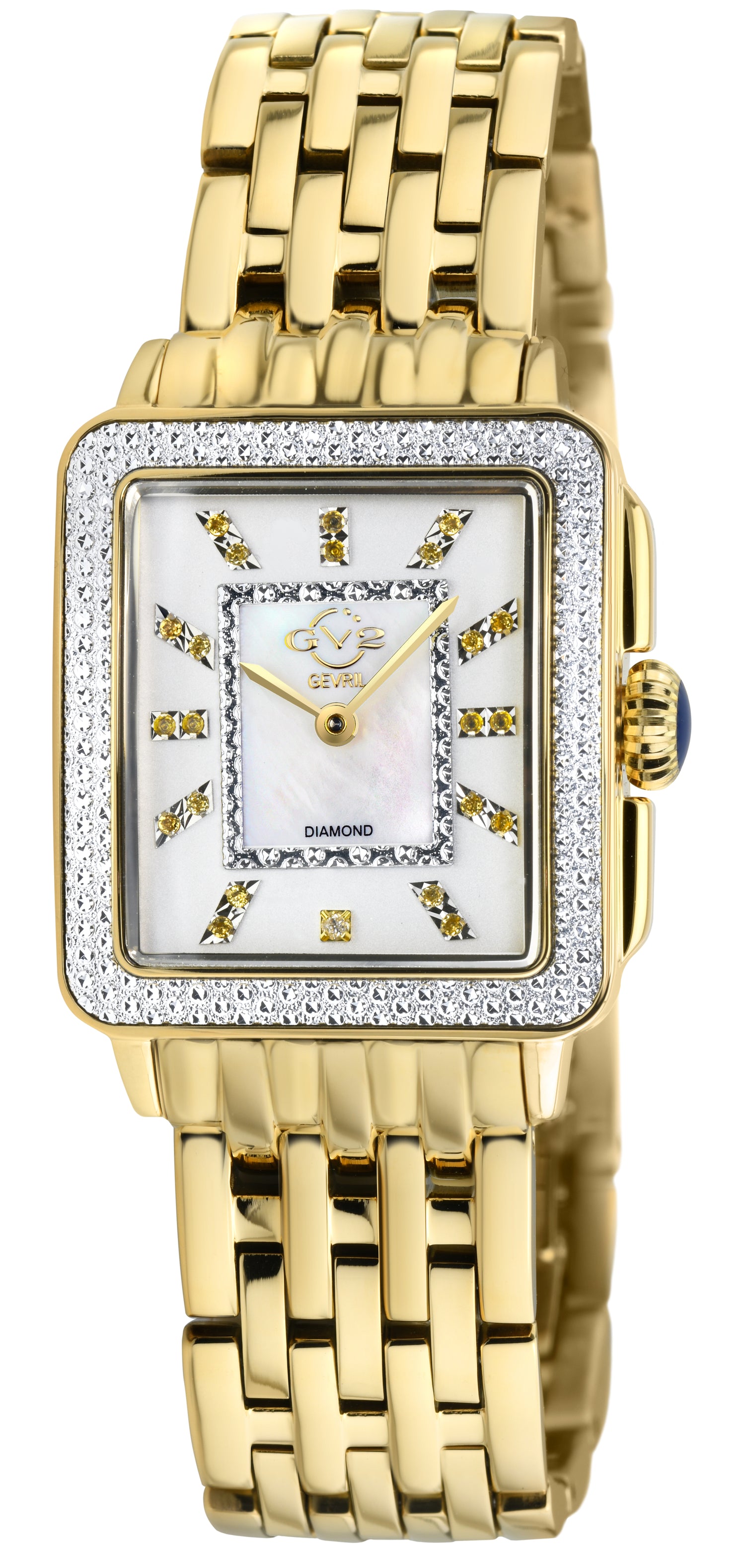 Gold wristwatch with diamond-studded face on a white background