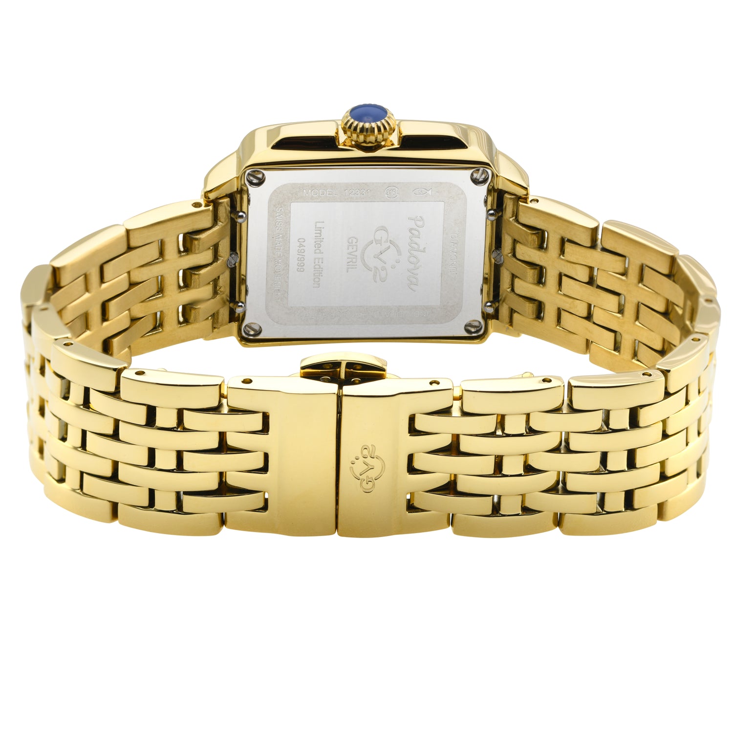 Gold watch with a visible brand logo on a white background