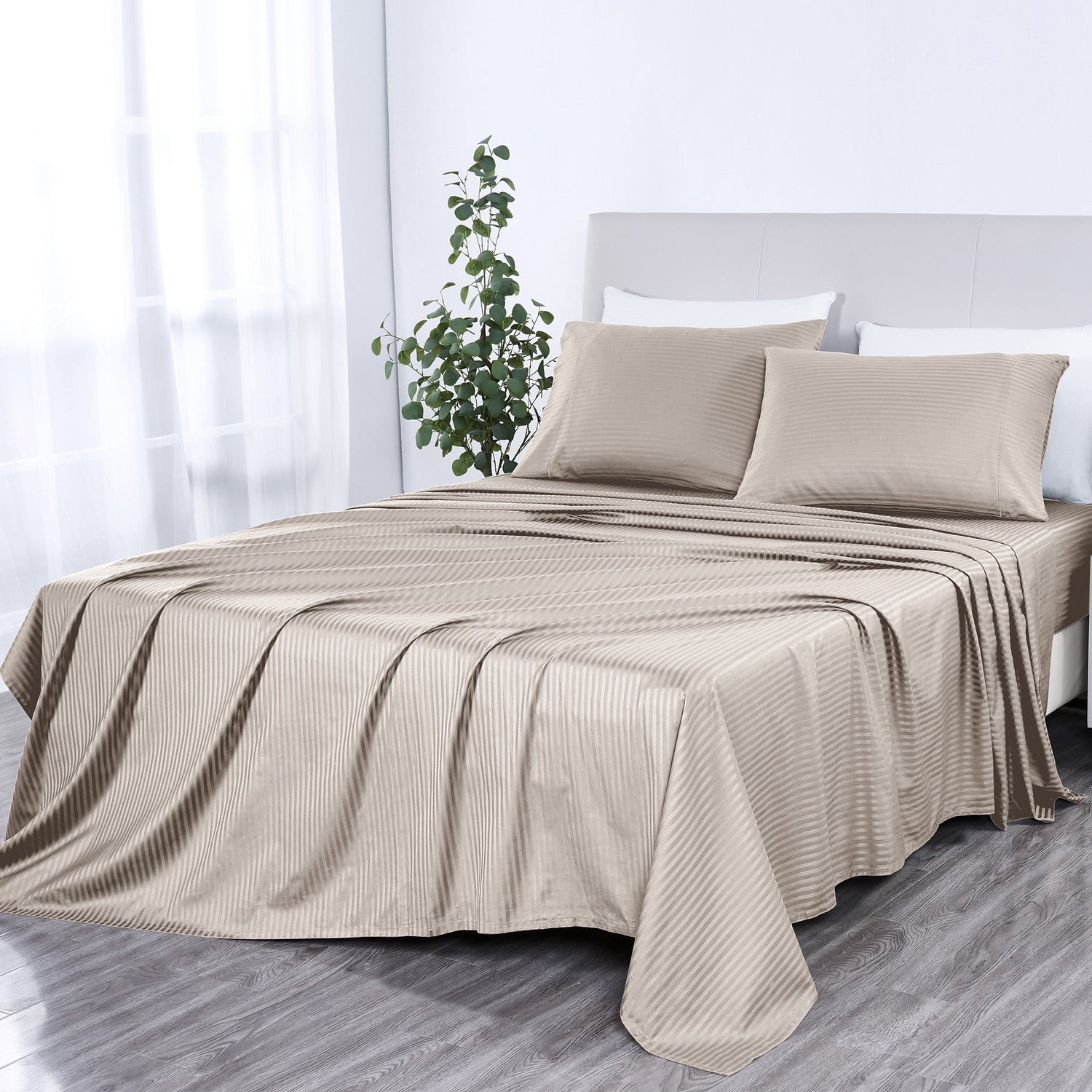 Kathy Ireland 500 Thread Count Damask Stripe Sheet Set with Optifit - Beige