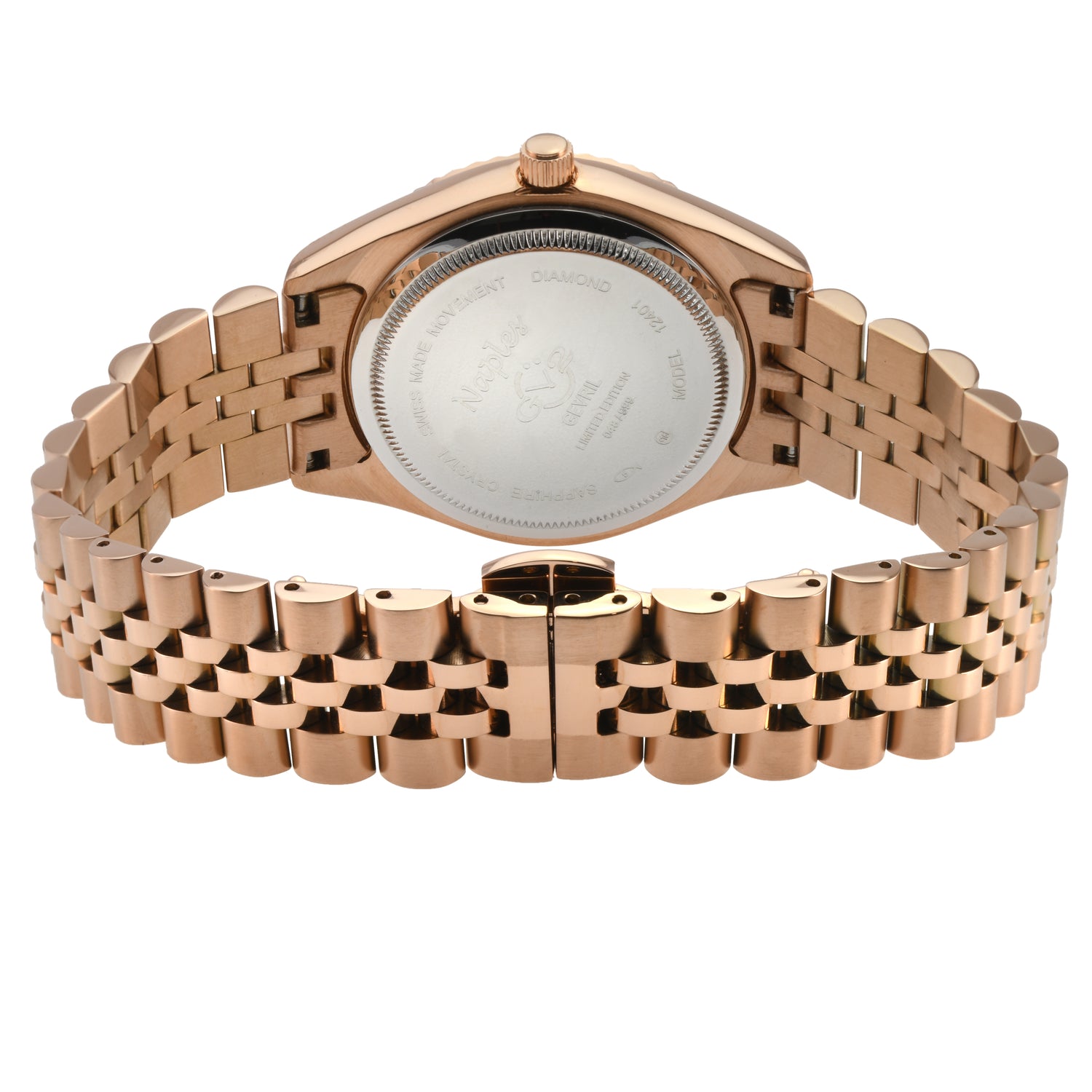 Rose gold watch with a detailed band on a white background