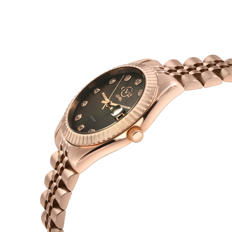 Rose gold watch with black dial on a white background