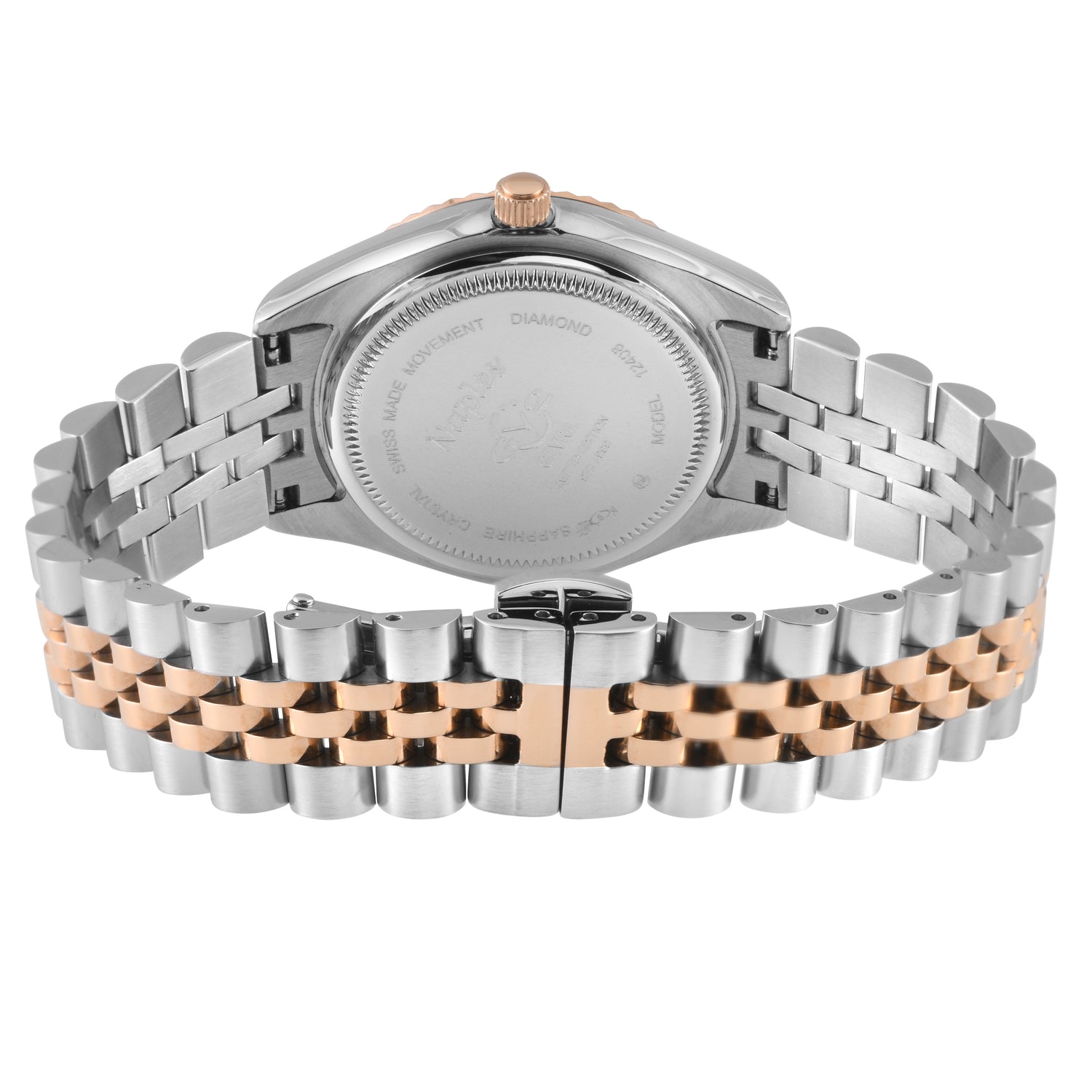Silver and rose gold watch with a detailed band on a white background