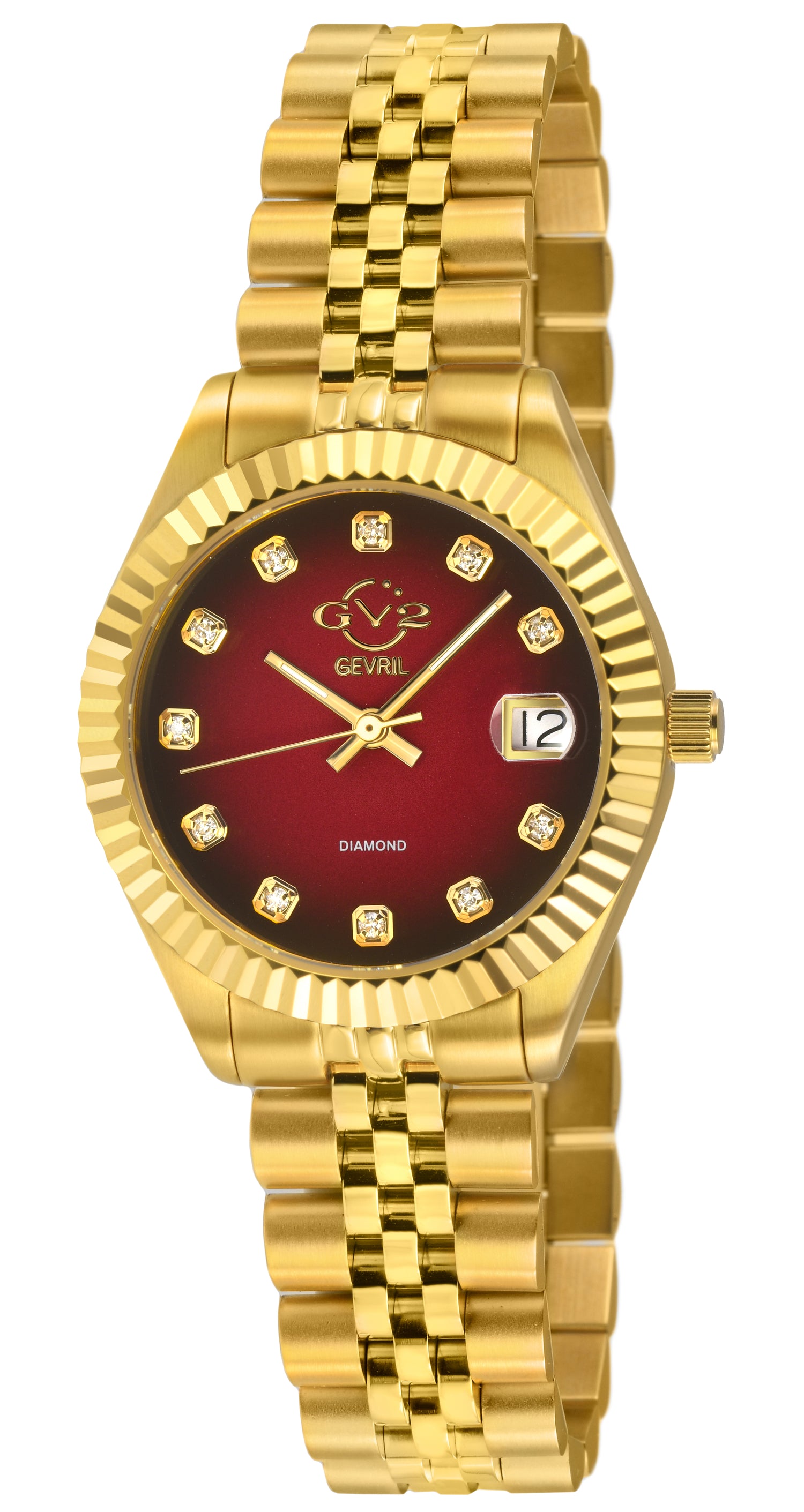 Gold wristwatch with a red face and diamond accents on a white background