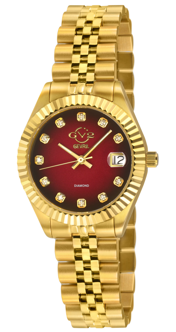 Gold wristwatch with a red face and diamond accents on a white background