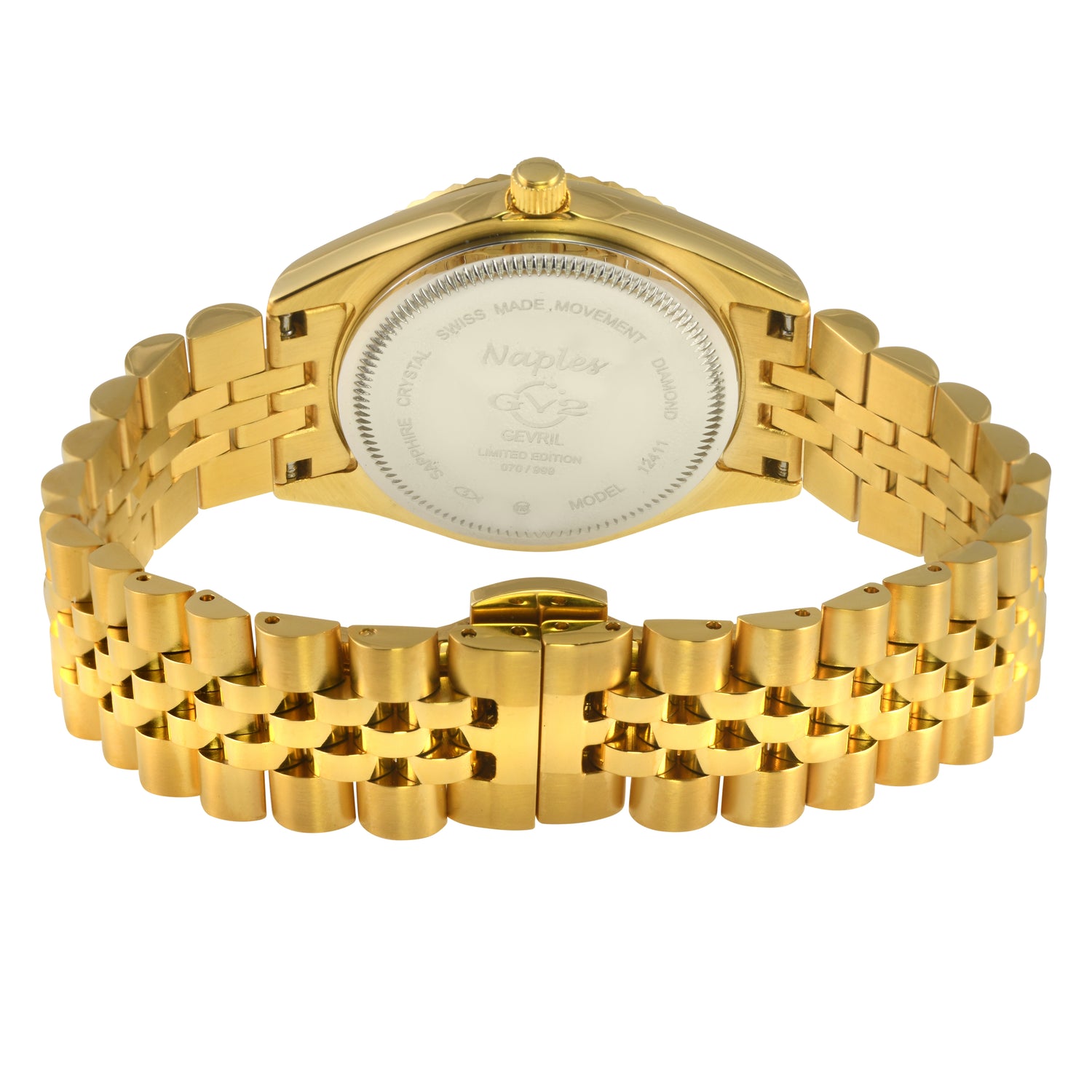 Gold watch with a detailed face on a white background