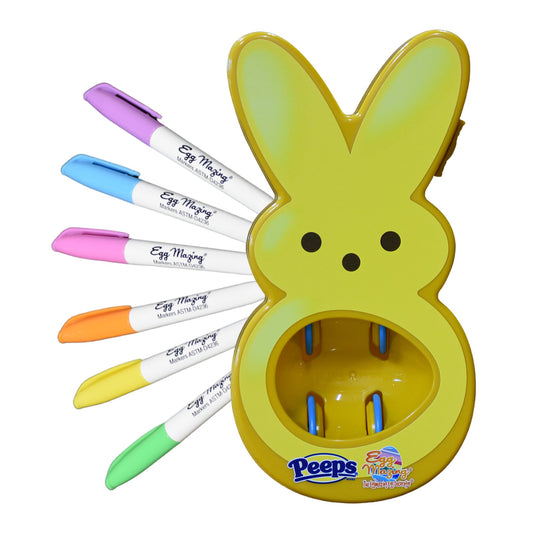 Yellow bunny-shaped holder with colorful markers on a white background