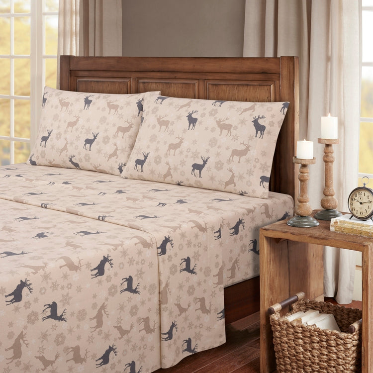 Kathy Ireland 100% Turkish Cotton Flannel Sheet Set - Beige Deer