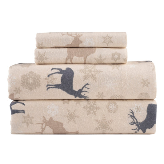 Kathy Ireland 100% Turkish Cotton Flannel Sheet Set - Beige Deer