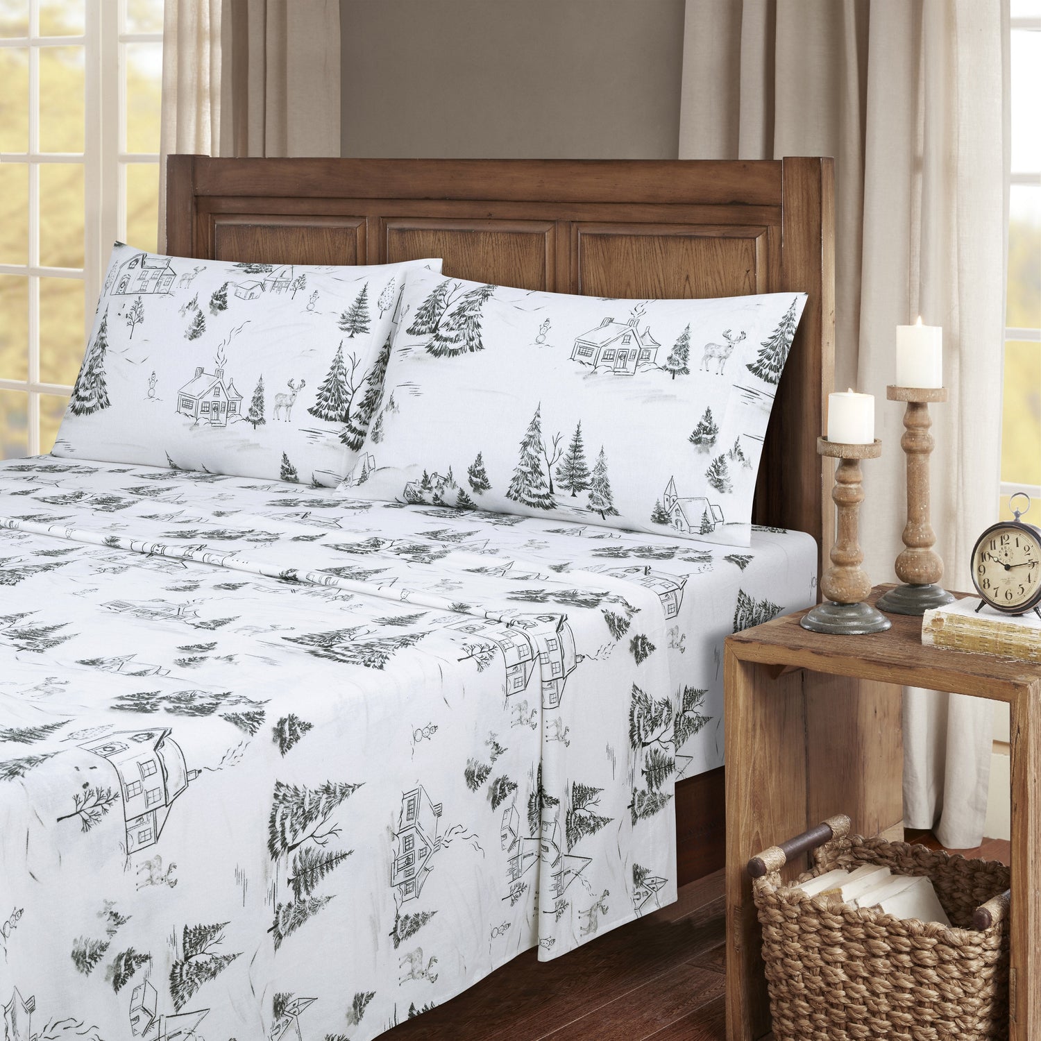 Bedroom with wooden bed and nightstand featuring a patterned bedspread.