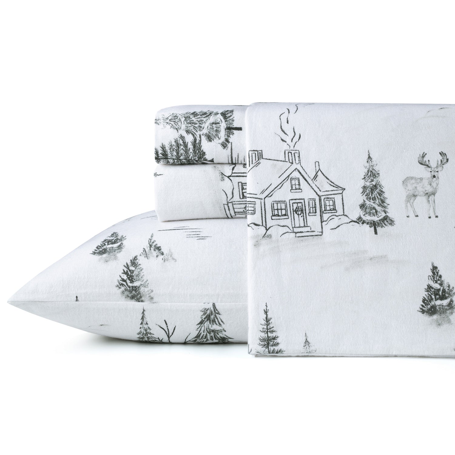 Sheet set with cabin and nature design on a white background