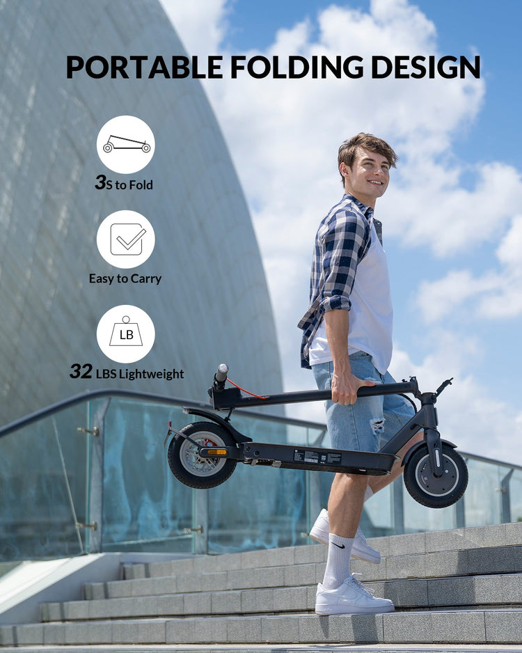 Man holding a portable folding electric scooter with text highlighting features like portability and weight.