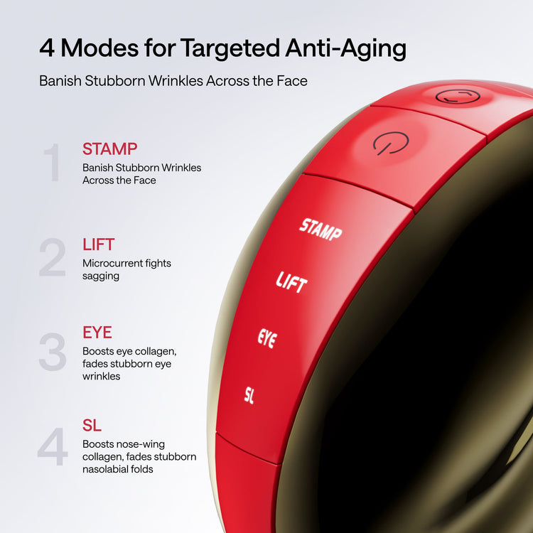 Red anti-aging device with mode buttons on a white background